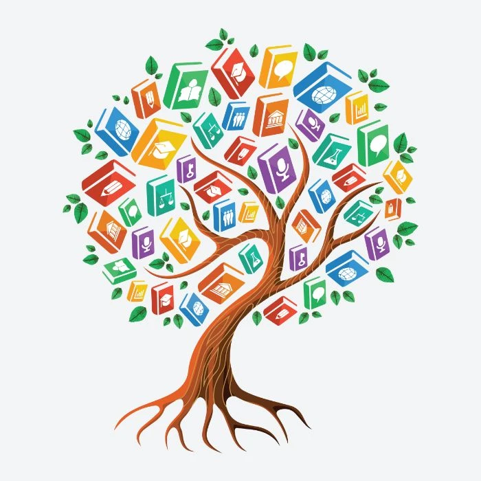 Illustration of a knowledge tree made of books and icons, symbolizing a study blog for students